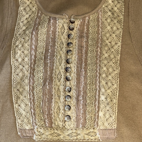 FREE PEOPLE Ribbed Button Up Crochet Top Small Blouse Tee Neutral Bohemian Boho - Picture 7 of 7